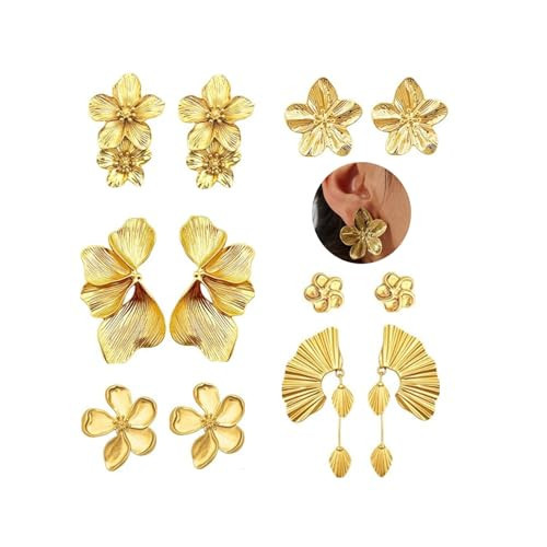 Gold Flower Chunky Earrings for Women Statement Floral Leaf Earrings Fashion Large Irregular Earring Big Fall Flower Stud Dangle Earring Set | Amazon (US)