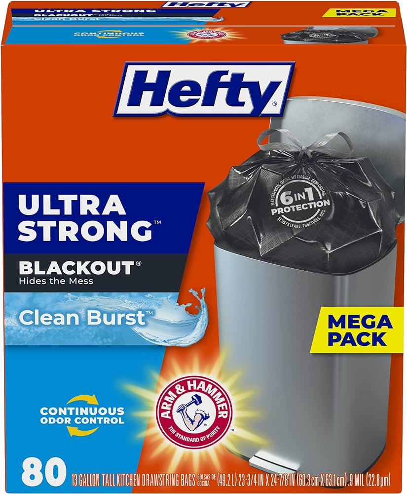 Hefty Ultra Strong Tall Kitchen Trash Bags, Blackout, Clean Burst, 13 Gallon, 80 Count | Amazon (US)