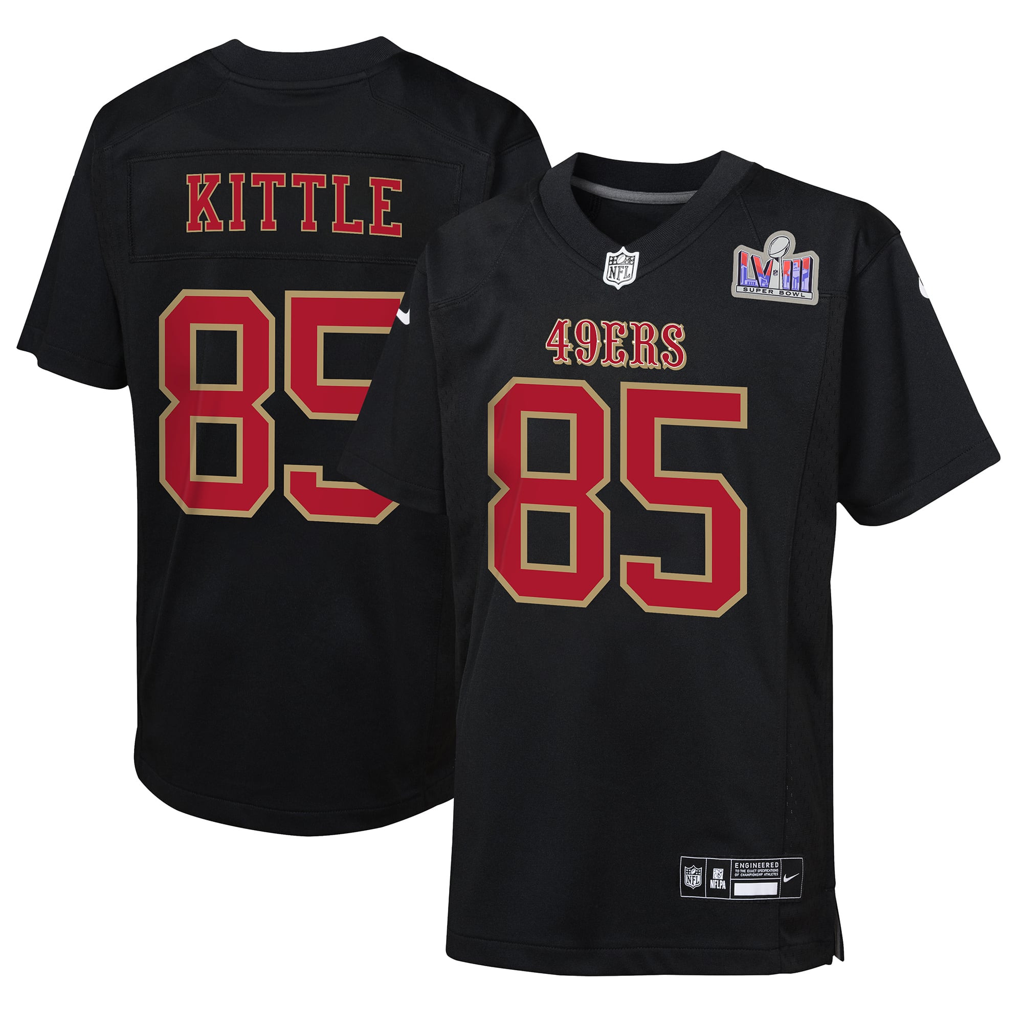 Youth San Francisco 49ers George Kittle Nike Black Super Bowl LVIII Patch Carbon Fashion Game Jer... | NFL Shop