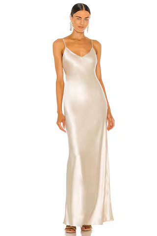 L'AGENCE Serita Maxi V-Neck Bias Dress in Champagne from Revolve.com | Revolve Clothing (Global)