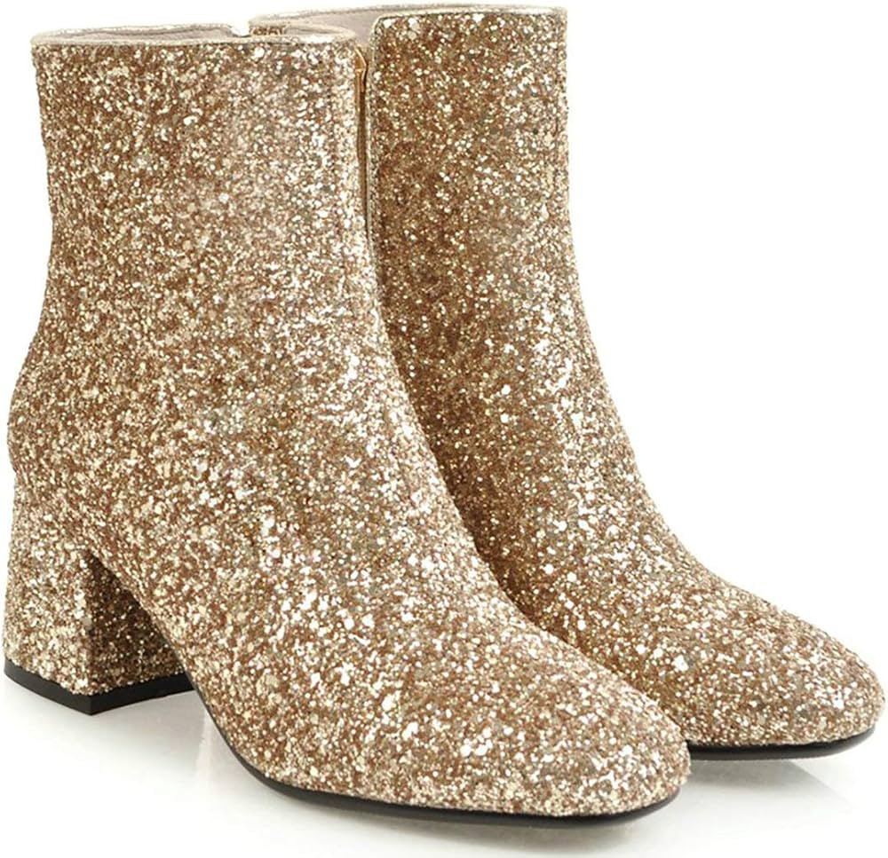 MAVMAX Women's Sequin Glitter Ankle Boots Chunky Heels Sparkly Booties | Amazon (US)