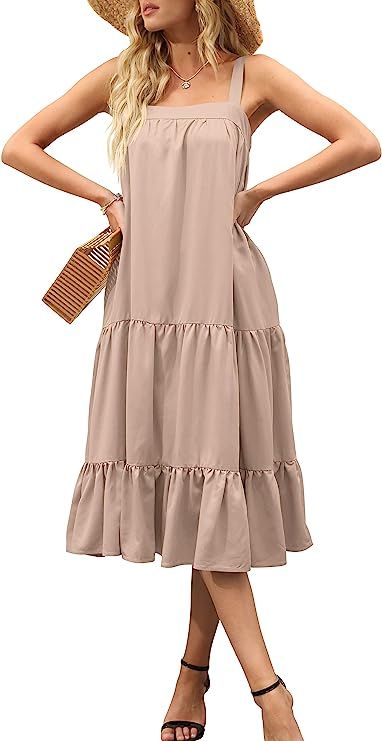 LOGENE Women's Sleeveless Thick Adjustable Straps Tiered Layer Frill Knot Loose Summer Maxi Cami ... | Amazon (US)