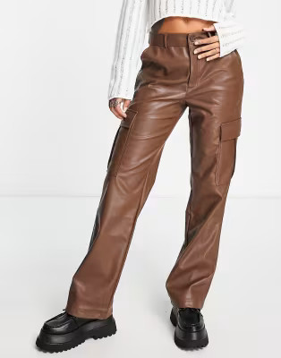 Stradivarius STR faux leather straight leg cargo pants in brown | ASOS (Global)