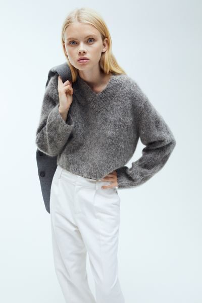 Cropped mohair-blend jumper - Dark grey - Ladies | H&M GB | H&M (UK, MY, IN, SG, PH, TW, HK)