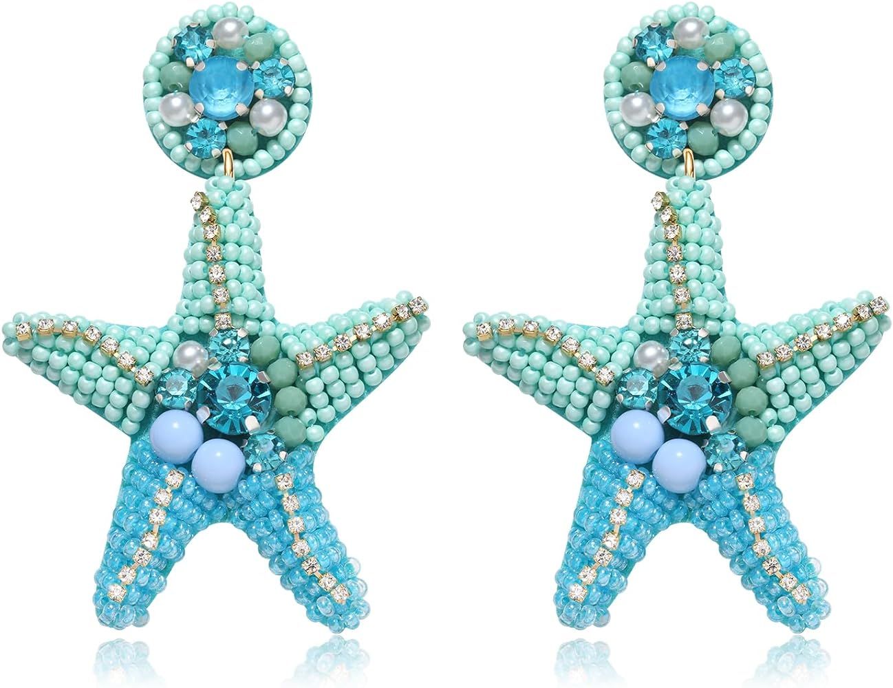 Beaded Starfish Earrings for Women Hypoallergenic Boho Cute Pearl Rhinestone Bead Starfish Dangle... | Amazon (US)