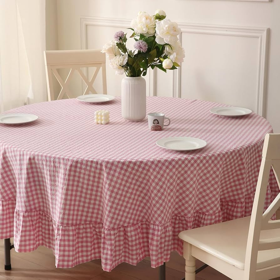 100% Cotton Pink Plaid Ruffled Table Cloth Round Cover, Dia.70 in Farmhouse Checker Gingham Vinta... | Amazon (US)