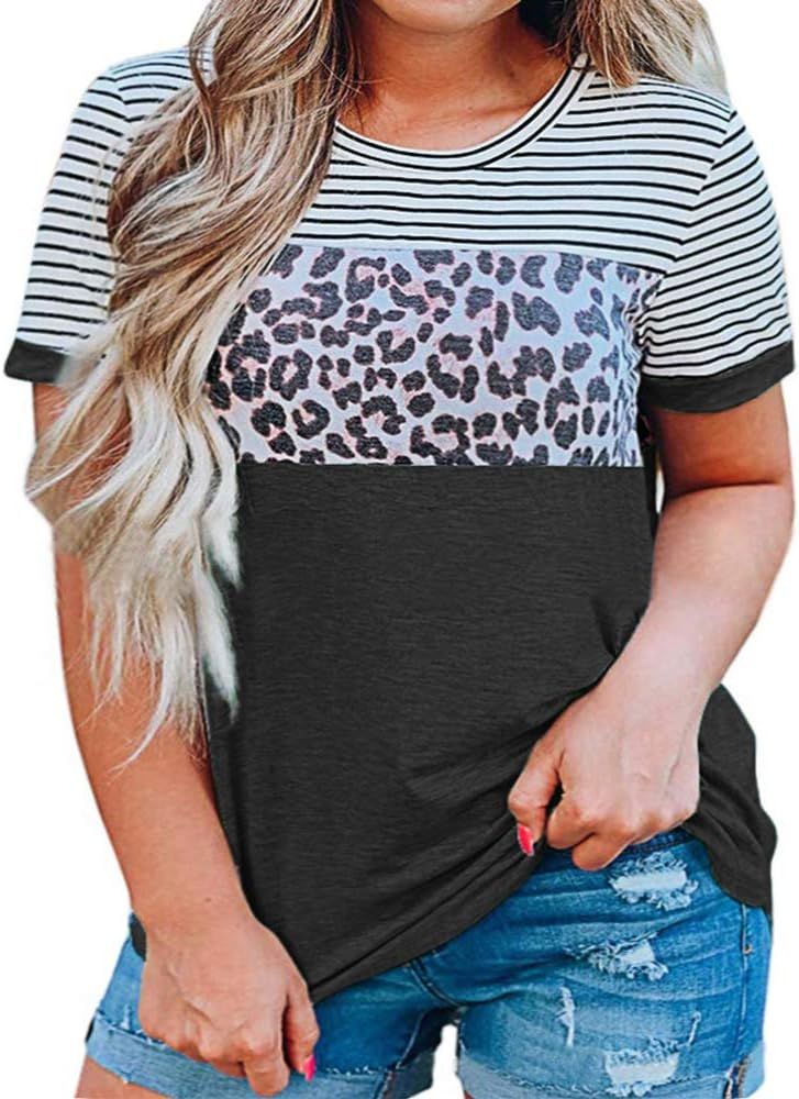 Womens Plus Size Tops Short Sleeve Casual Leopard Striped Blouses Shirts | Amazon (US)