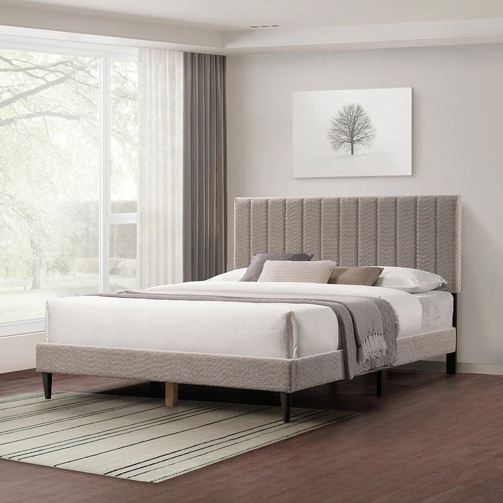 SunJet Gray Queen Upholstered Platform Bed Tufted Channel Headboard Mid-Century Modern Furniture No Box Spring Needed 64.25 x 84.5 x 45 | Lowe's