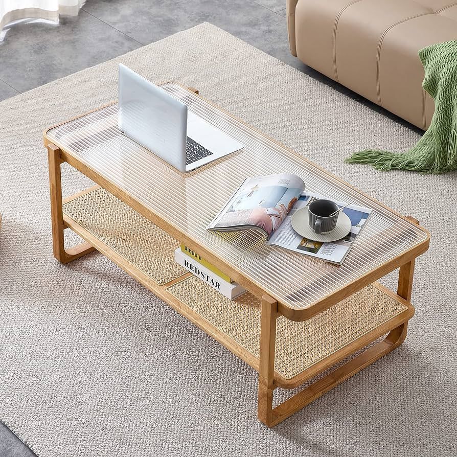 Modern Rattan Coffee Table Rectangle Double-Layer Solid Wood Desktop Tea Table with Tempered Glas... | Amazon (US)