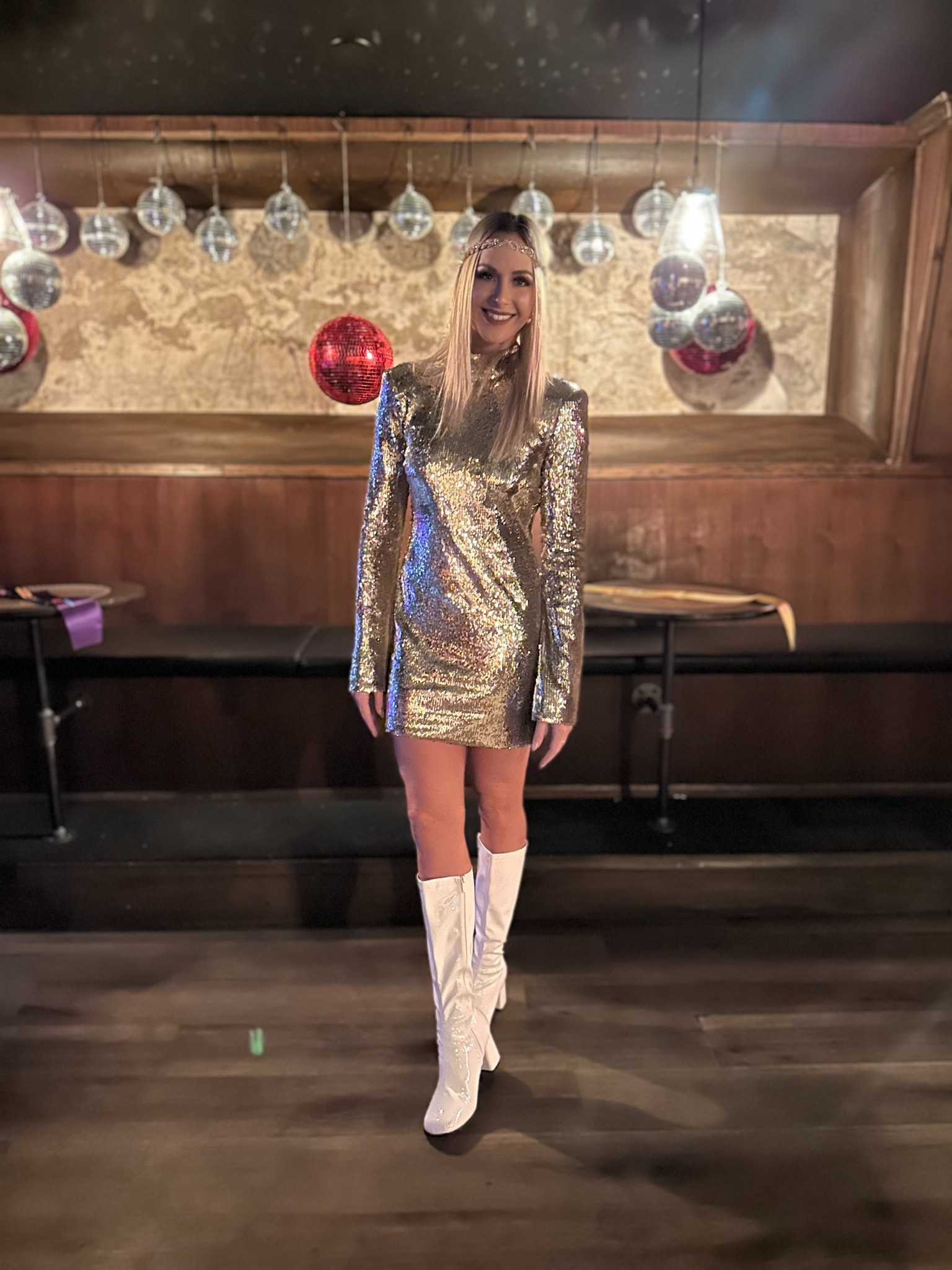 Perfect NYE Dress! Wore for a Disco party, but plan to wear it for NYE! Loved the long sleeves and open back. Tiny shoulder pads. The dress felt like great quality too! True to size. 

#LTKStyleTip #LTKHoliday #LTKSeasonal