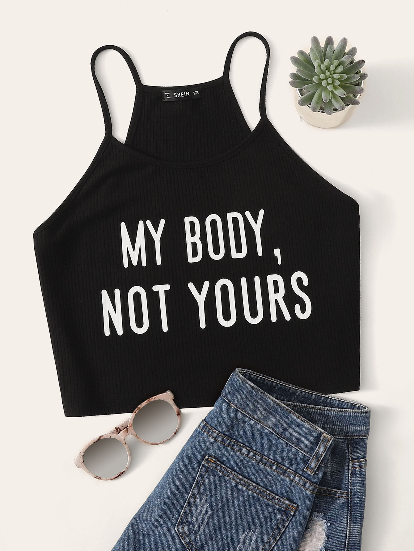 SHEIN Plus Slogan Print Rib-knit Cami Top | SHEIN