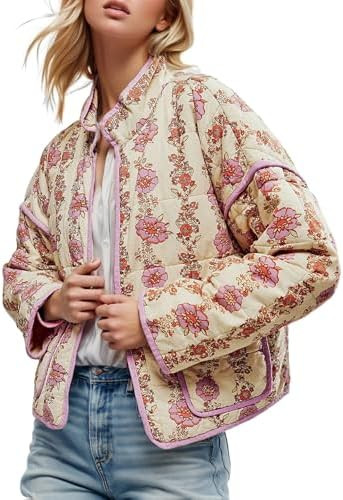 Yimoon Women's Cropped Puffer Quilted Jacket Vintage Floral Print Open Front Lightweight Short Ja... | Amazon (US)