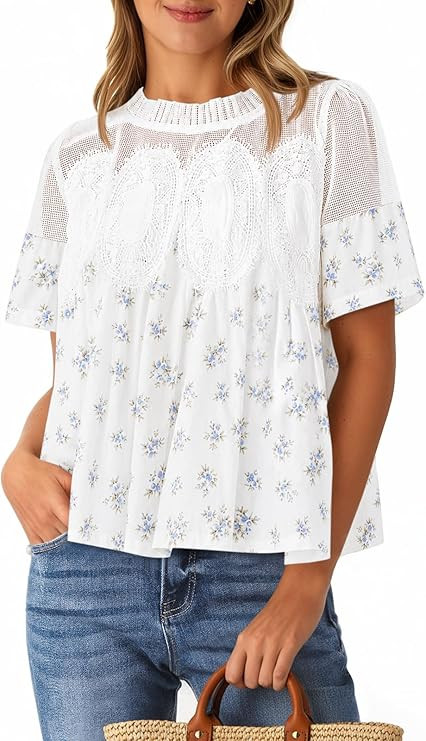 Cicy Bell Womens Babydoll Lace Blouses Short Sleeve Ruffle Crew Neck Peplum Tops Dressy Casual Lo... | Amazon (US)