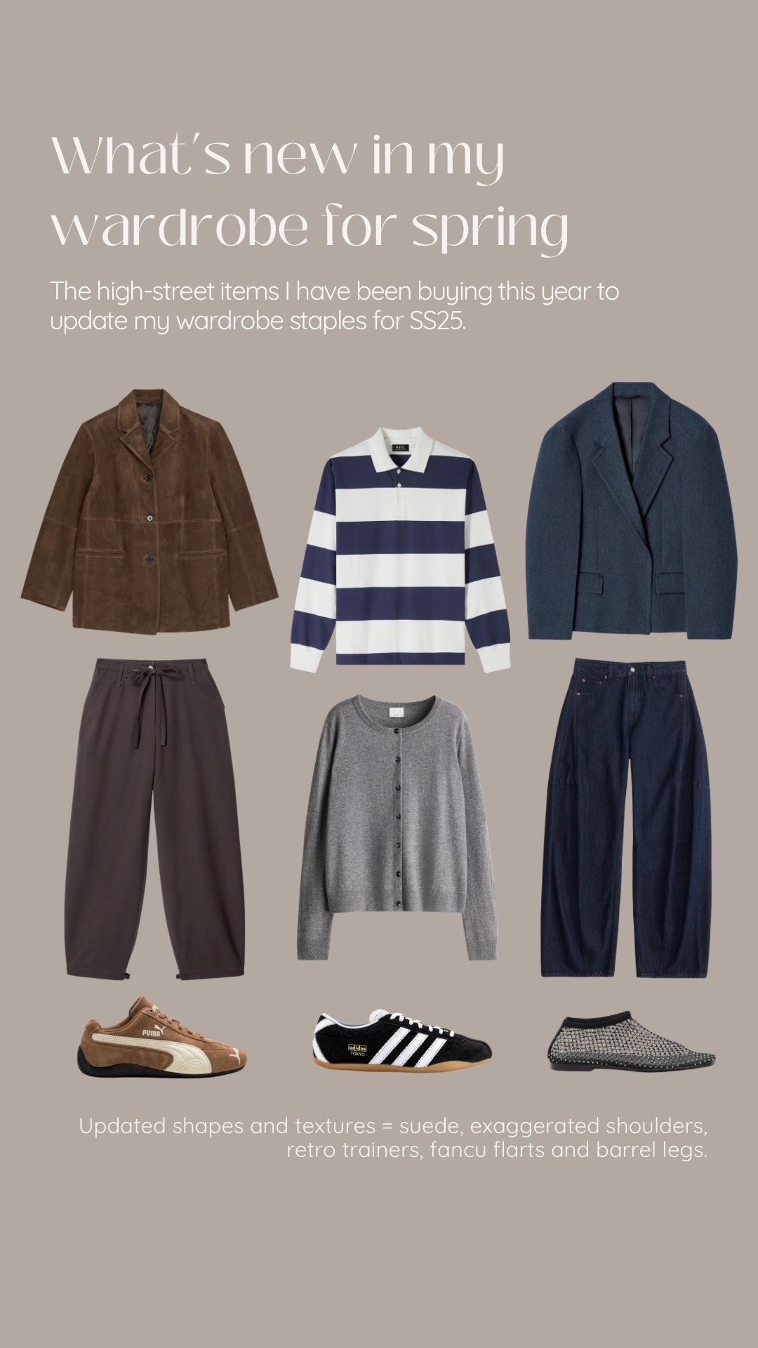 Capsule wardrobe spring staples - Arket suede blazer - suede jacket - rugby polo - striped top - Zara - cos blazer - oversize blazer - brown trousers - barrel leg jeans - Abercrombie jeans - H&M cardigan - grey cardigan - cashmere cardigan - trending sneakers - trendy trainers - adidas Tokyo - puma speedcat - retro trainers - mesh flats - HUSH - dressy flats - elevated chic casual 

#LTKspring #LTKuk #LTKAprilSpotlight