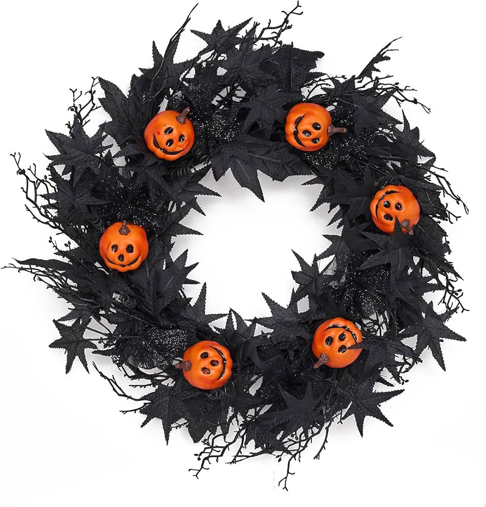 GENMOUS Halloween Wreath for Front Door - 22inch Eucalyptus Wreaths with Pumpkin, Maple Leaves, D... | Amazon (US)