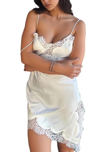 Sezhgswd Women's Satin Lace Dress Sleeveless High Low Silky Slip Camisole Tops Sexy V Neck Backless Slit Club Party Dresses Beige | Amazon (US)