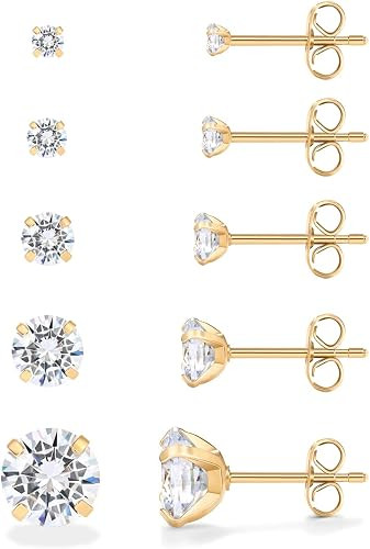 PAVOI Waterproof Stud Earrings for Women, 14K Gold Plated CZ Set of 5 | Amazon (US)