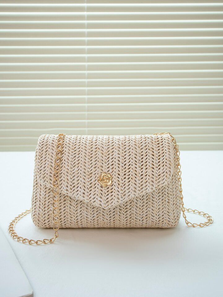 Mini Fashion Flap Cover Chain Crossbody Bag For Women Mini Straw Woven Crossbody Bag Summer Beach... | SHEIN