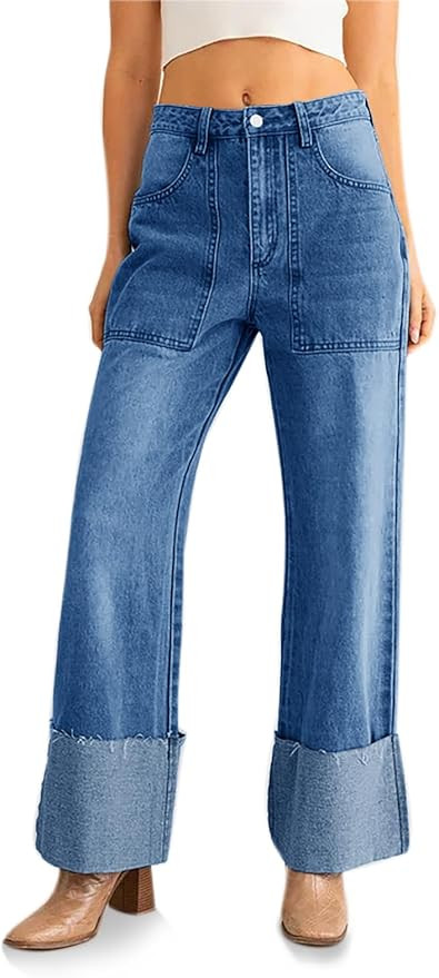 PLNOTME Womens Baggy Cuffed Jeans Casual Straight Leg Boyfriend Denim Pants with Pockets | Amazon (US)