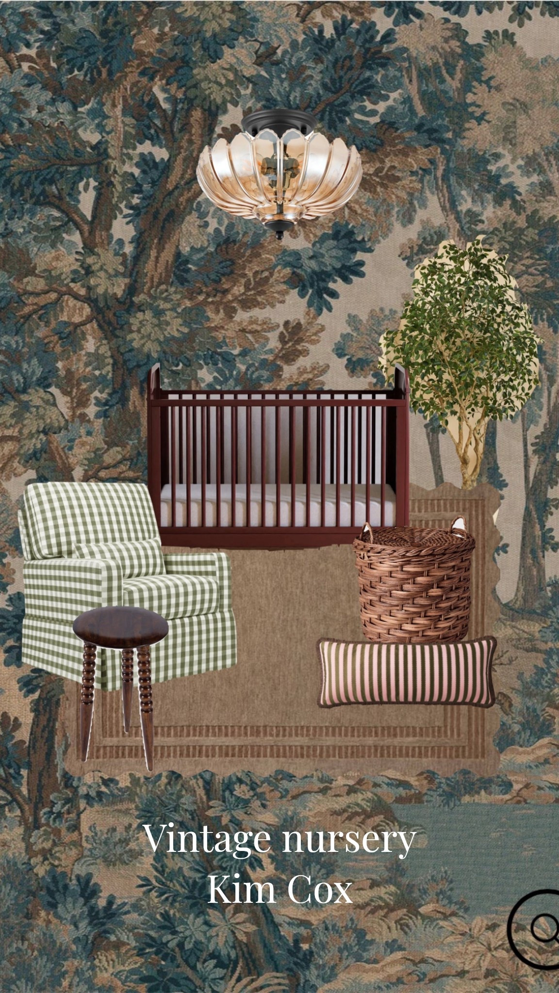 Vintage inspired nursery

Tapestry wallpaper, burgundy crib, gingham glider