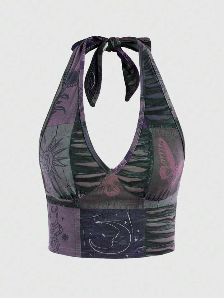 ROMWE Goth Sexy Gothic Dark Retro Star & Moon Printed Cut-Out Collage Tight Tank Top For Women | ... | SHEIN