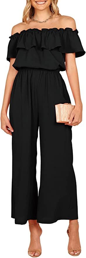 Dokotoo Women's Casual Off The Shoulder Short Ruffle Sleeves Jumpsuits Long Pant Rompers Jumpsuit... | Amazon (US)