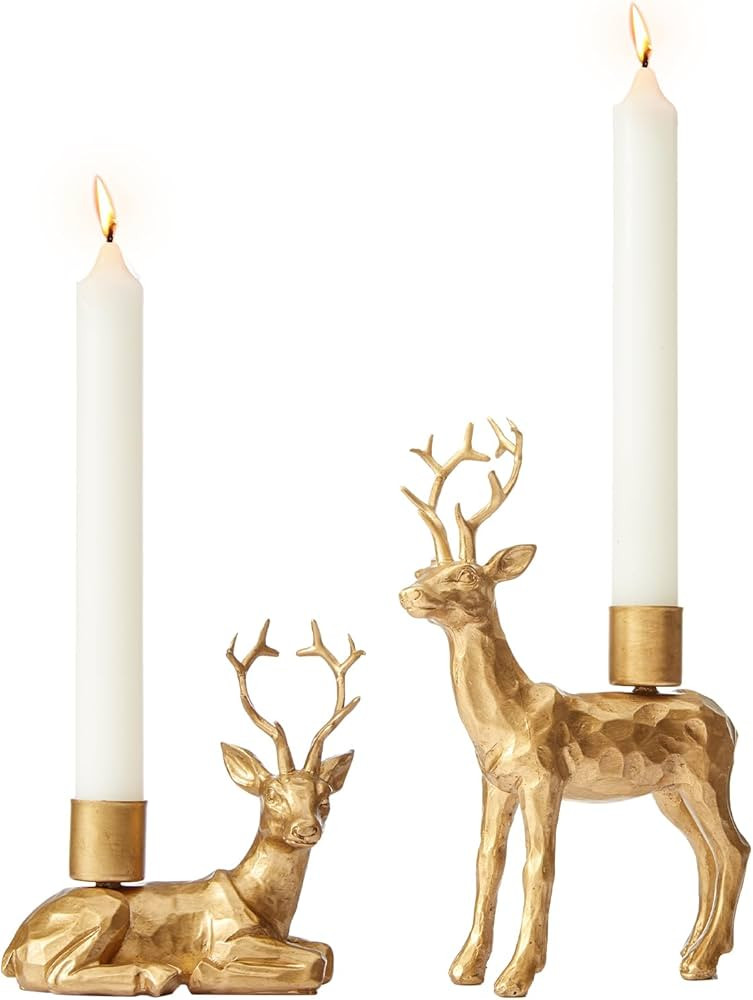DN DECONATION Reindeer Christmas Decor Candle Holders Set of 2 – Gold Deer Taper Candlestick Ho... | Amazon (US)