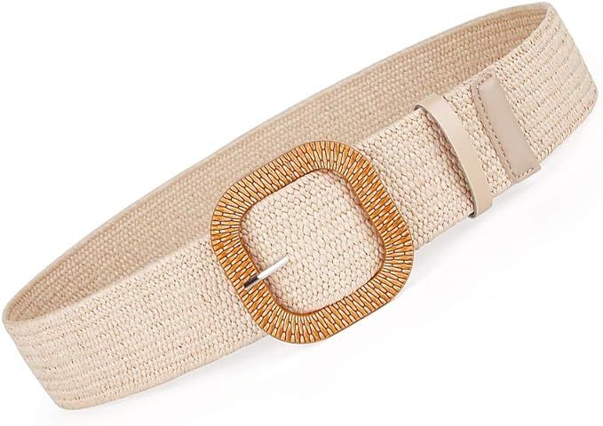 Women Belts For Dresses, Elastic Straw Rattan Waist Band With Large Buckle | Amazon (US)