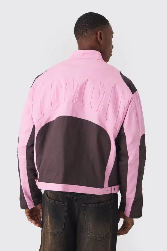 Boxy Twill Homme Moto Jacket In Pink | boohooMAN (US & Canada)