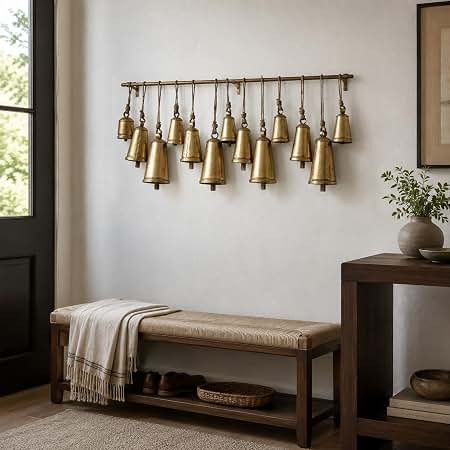 Decorative Cone Cow Bells, 12 Bells on Jute Hanging Ropes and Rod, 20" Gold | Rustic Wall Hanging... | Amazon (US)