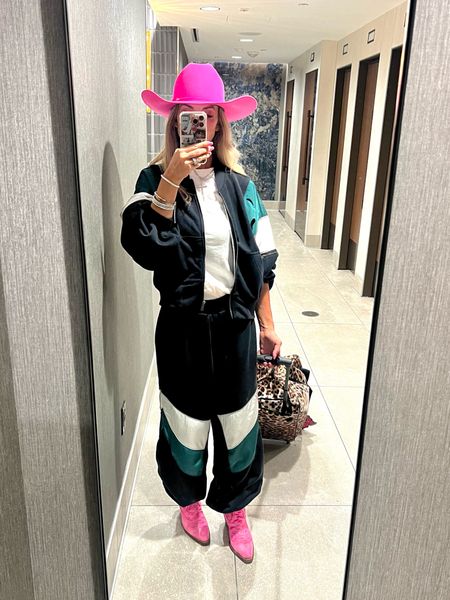 From broadway to the airport… 🤣🤪 a quick change for the plane. 
This is my most worn travel outfit. #airportootd This jogger & jacket set is so comfy…. Nashville. Western boots  

#LTKFestival #LTKShoeCrush #LTKFitness