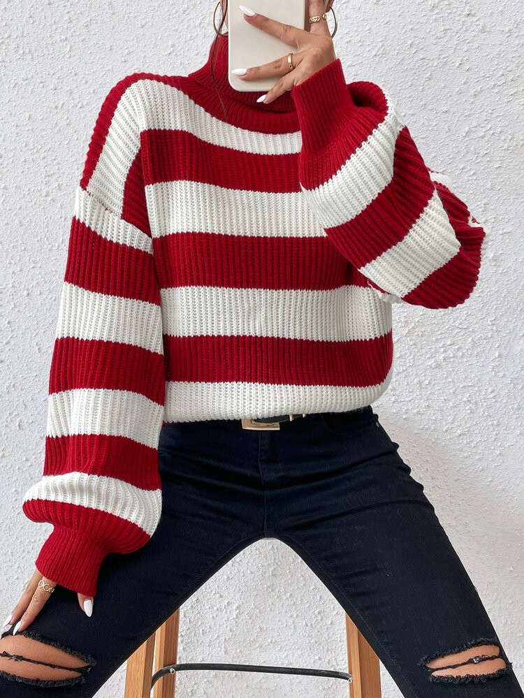 Striped Pattern Turtleneck Bishop Sleeve Sweater | SHEIN
