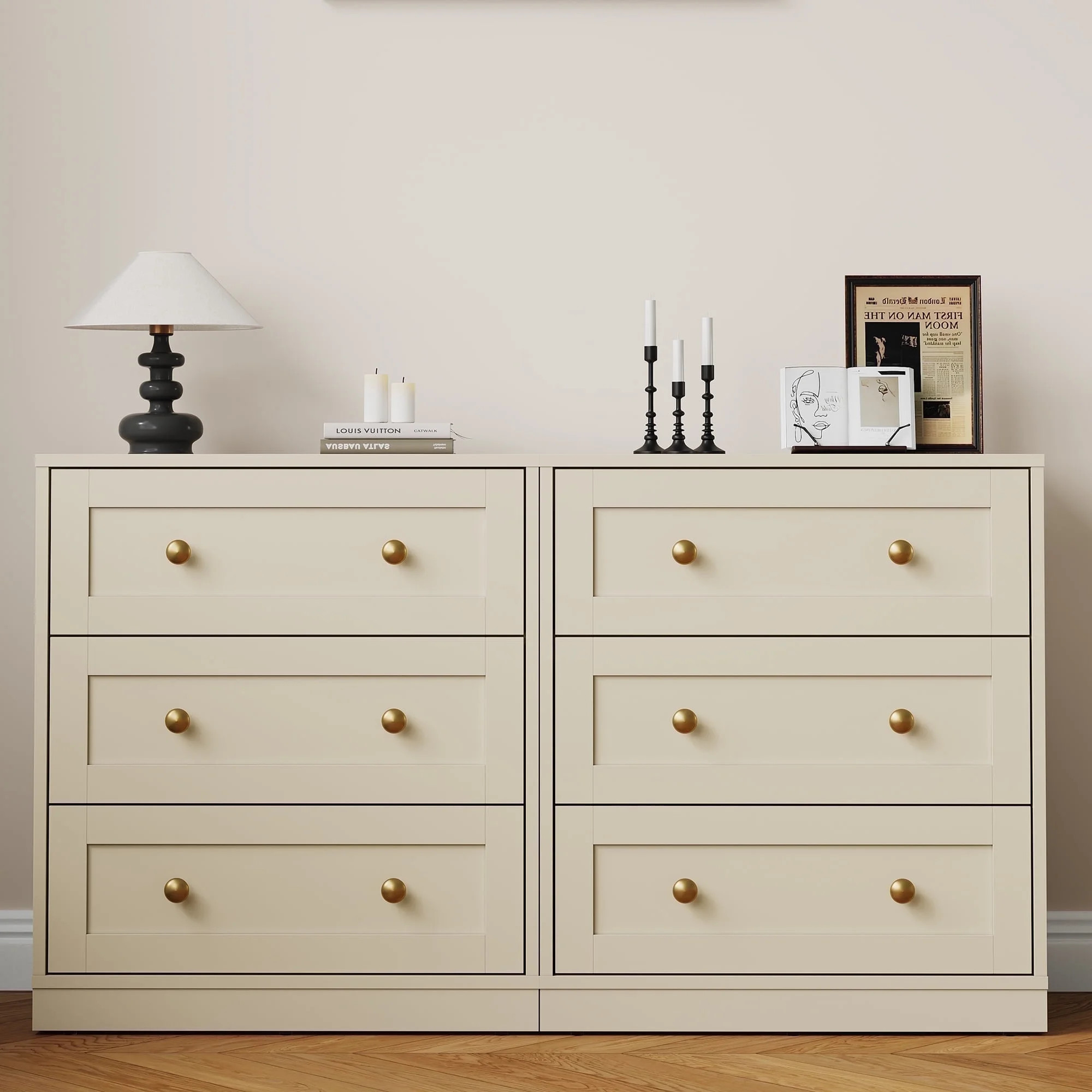 May in Color 3 Drawer Nightstand Set of 2, Modern Wood End Table with Gold Knobs, Beige | Walmart (US)