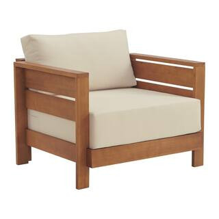 Barton Weather Resistant Wood Patio Outdoor Arm Chair with Stain-Resistant and Fade-Proof Cushions | The Home Depot