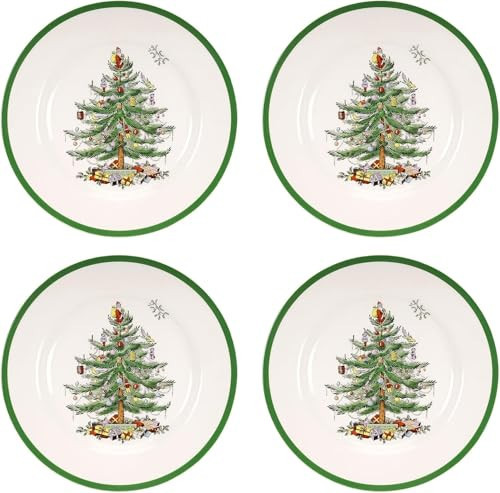 Spode Christmas Tree 10.5" Dinner Plate (Set of 4) - Festive Holiday Stoneware Plate with Christmas Tree & Green Borders, Microwave, Dishwasher, Freezer & Oven Safe - Holiday Tableware | Amazon (US)