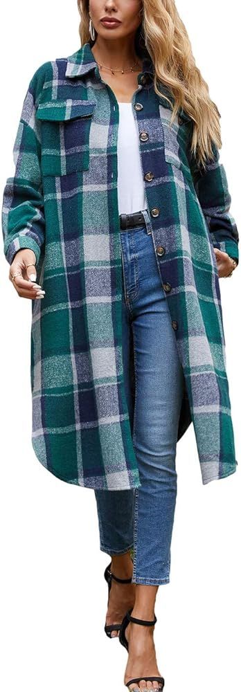 PUWEI Women's Casual Lapel Button Down Long Plaid Shirt Coat Tartan Shacket Jacket | Amazon (US)