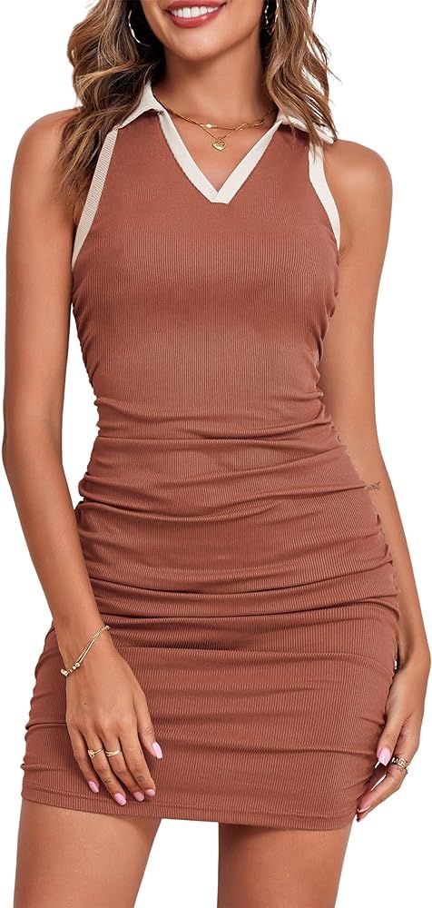 ZAFUL Women 2023 Summer Sleeveless Bodycon Dress Crew Neck Ribbed Tank Slim Fit Ruched Stretchy P... | Amazon (CA)