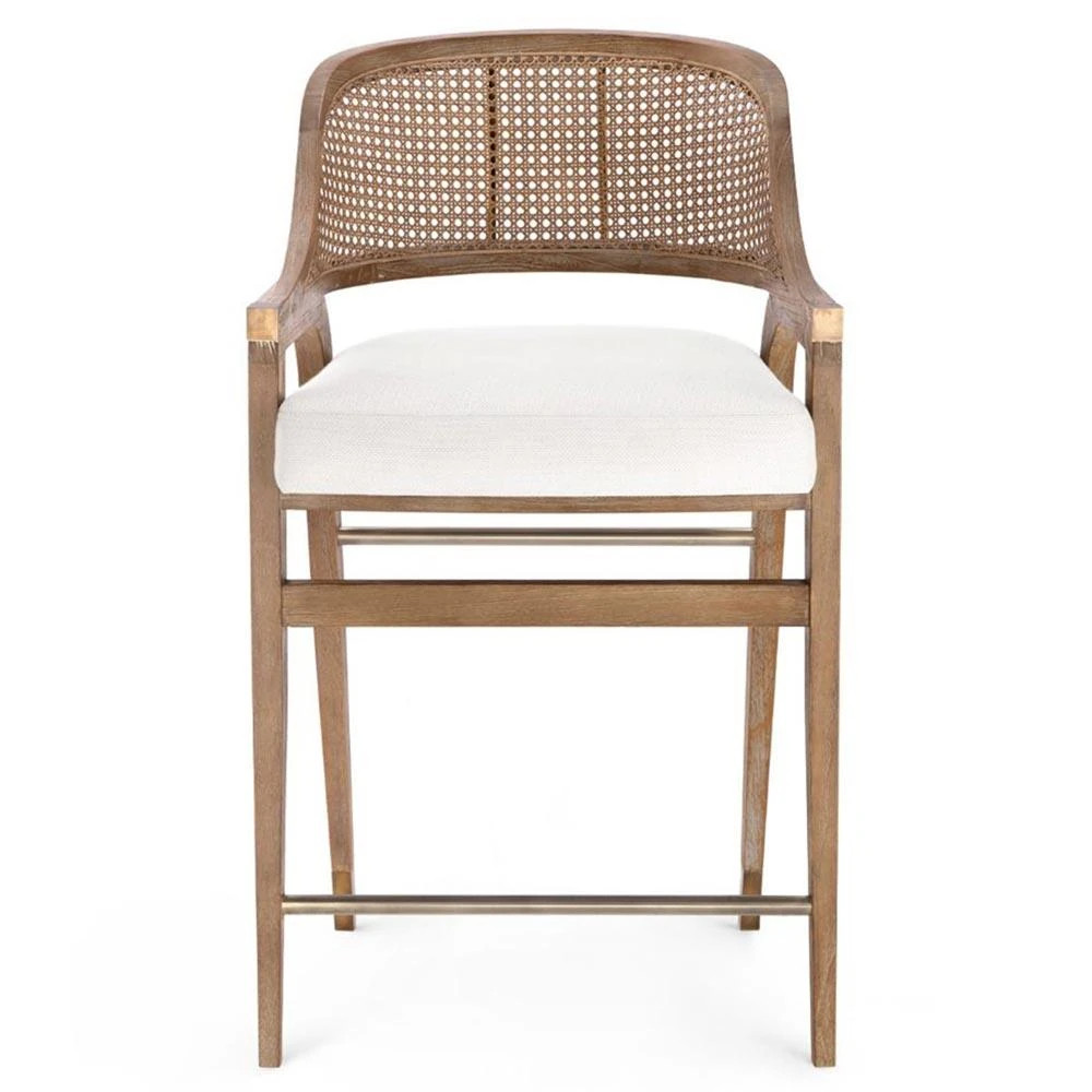Edward Coastal White Linen Driftwood Mahogany Woven Cane Counter Stool | Kathy Kuo Home