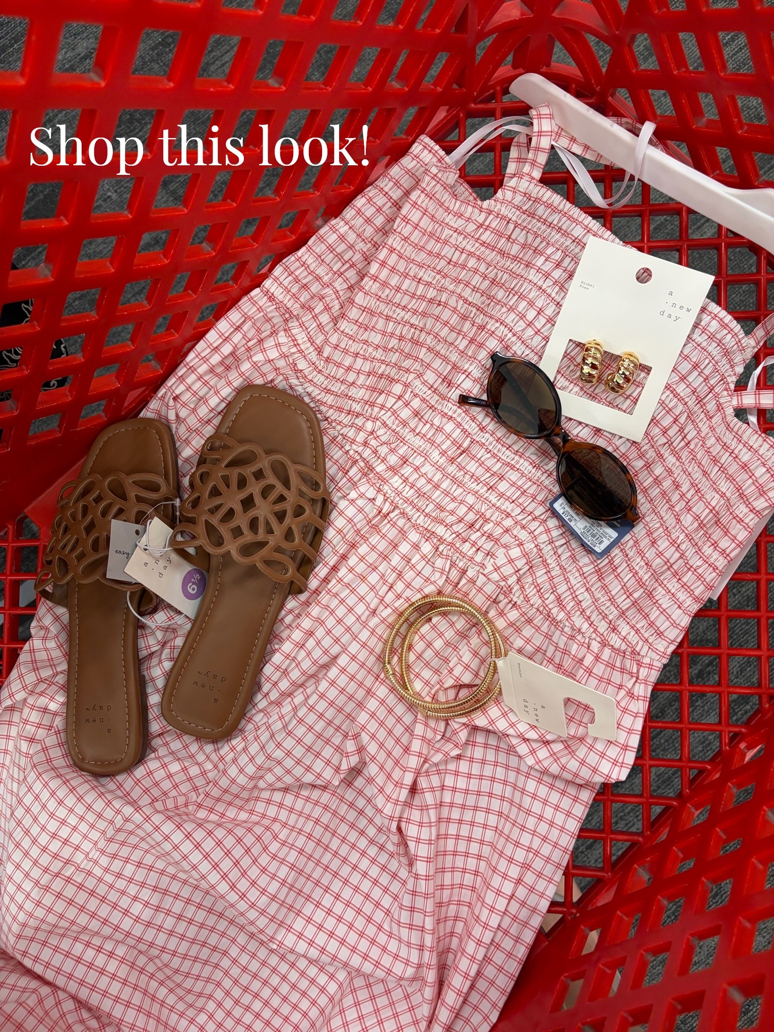 This Target haul is giving the prettiest summer look 🌸 The red and white smocked grid print dress paired with cutout tan sandals, tortoise sunglasses, gold hoops, and gold bangles — feminine, effortless, and so easy to wear all summer long. All linked!

#LTKdayinmylife #LTKgrwm #LTKootd