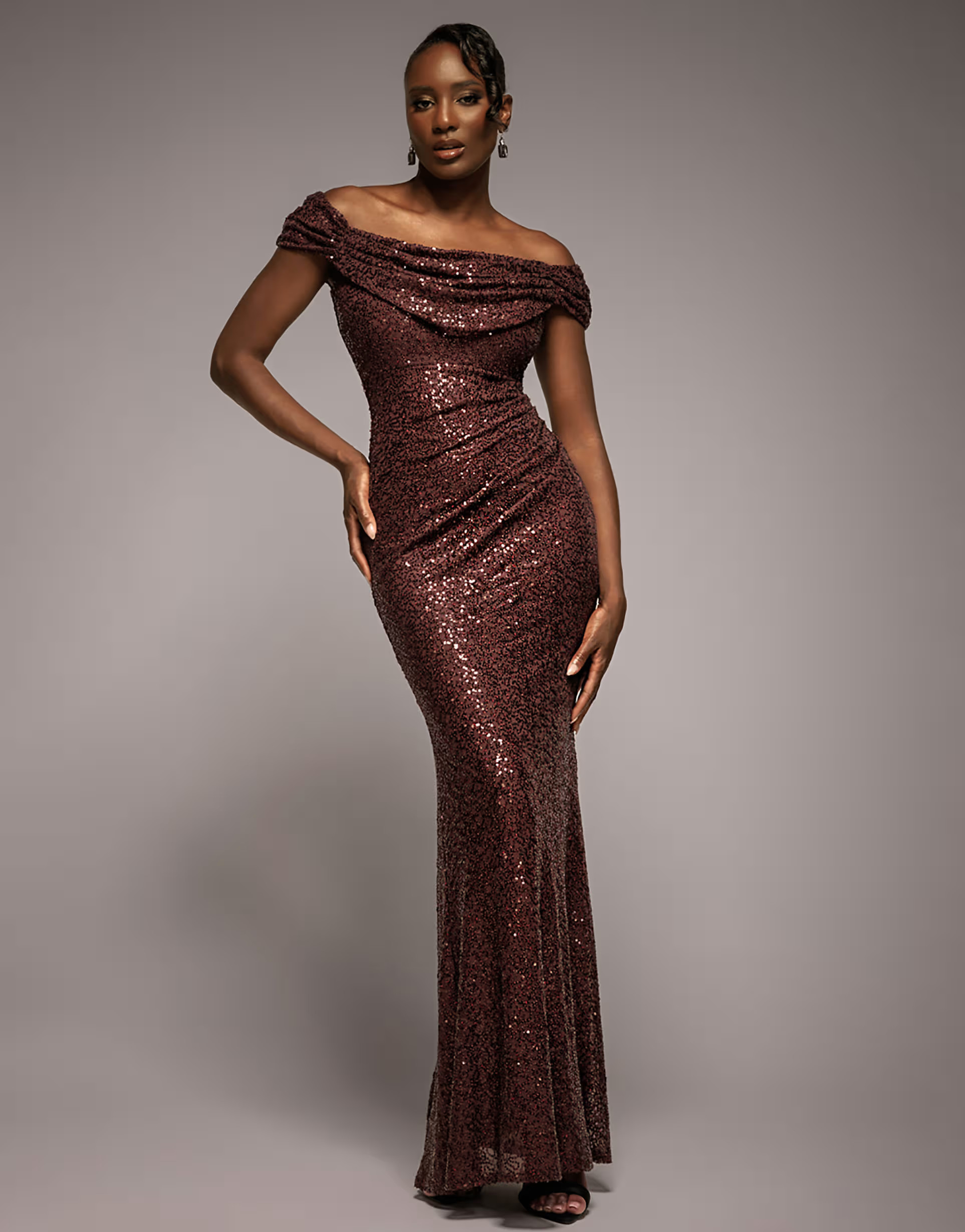 Goddiva Cap sleeve iridescent sequin cowl maxi dress in brown | ASOS (Global)