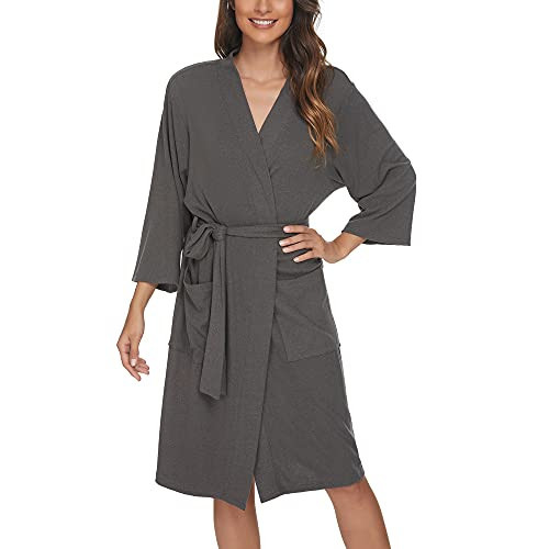 U2SKIIN Womens Cotton Robes, Lightweight Robes for Women with 3/4 Sleeves Knit Bathrobe Soft Sleepwear Ladies Loungewear(Dark Grey Mel, S) | Amazon (US)