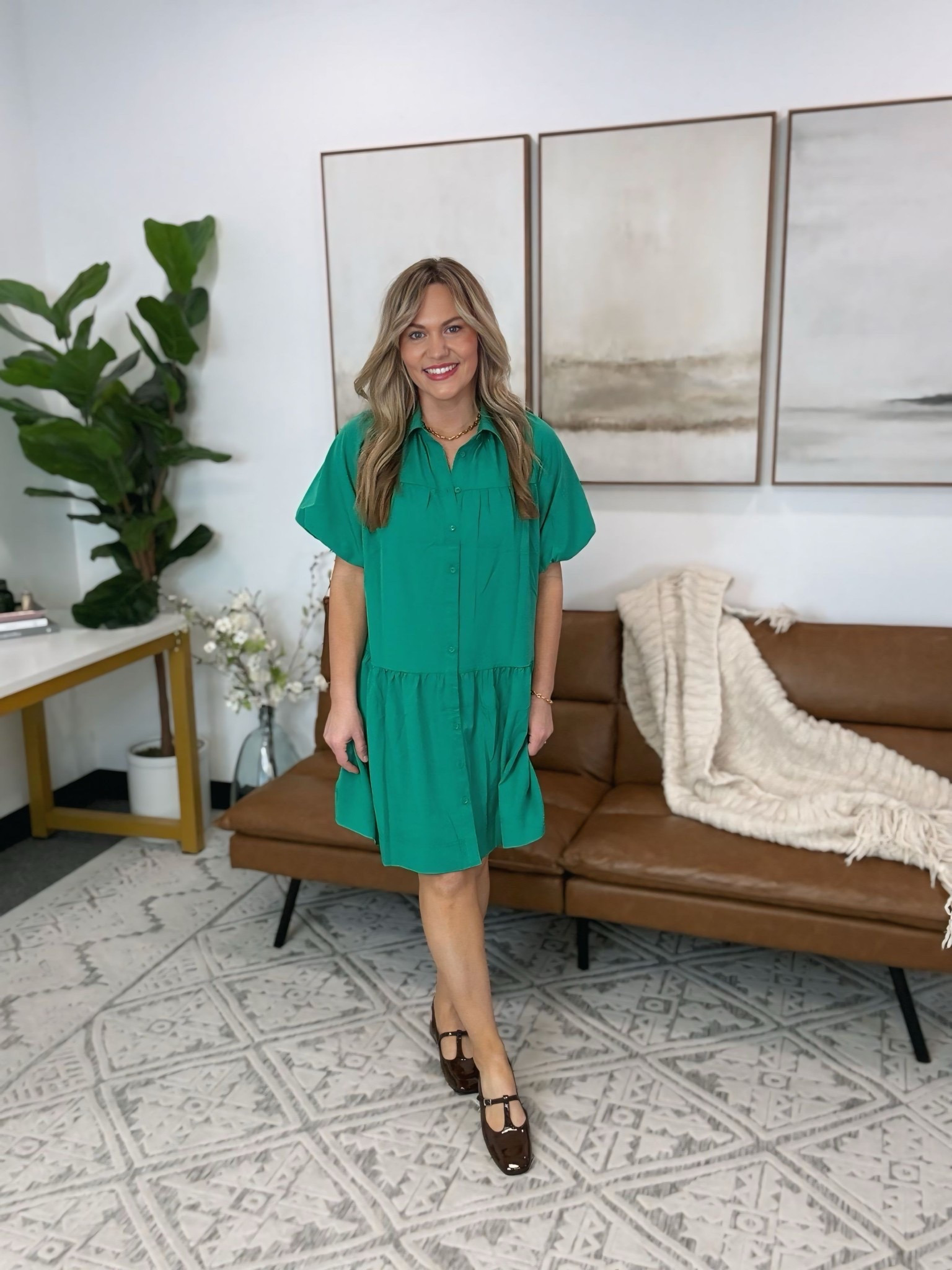 Green button front mini dress with a relaxed silhouette and soft movement that makes it easy for everyday wear. Lightweight, polished, and comfortable with classic flats for an effortless daytime look.

green mini dress, green shirt dress, button front dress, casual day dress, everyday dress women, work casual dress, spring dress outfit, summer dress outfit, comfortable mini dress, easy everyday outfit, boutique dress style, AudrieDollins

#LTKootd #LTKOver40 #LTKWorkwear