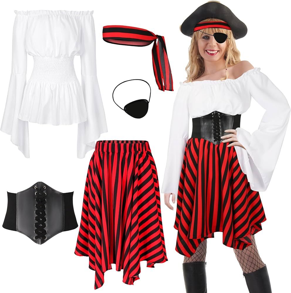 Cosrea Pirate Costume Adult Women Renaissance Shirt Bandana Corset Waist Belt Eye Patch Halloween... | Amazon (US)