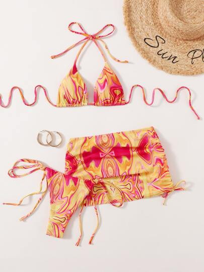 3pack Abstract Fluid Pattern Triangle Bikini Swimsuit | SHEIN