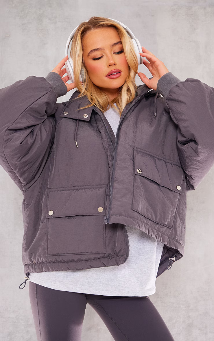 Charcoal Hooded Pocket Detail Puffer Jacket | PrettyLittleThing US
