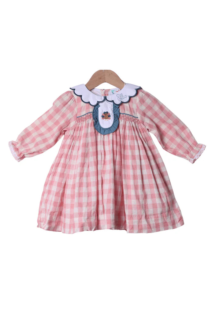 Bullion Turkey Pink Linen Gingham Ruffle Dress | The Smocked Flamingo