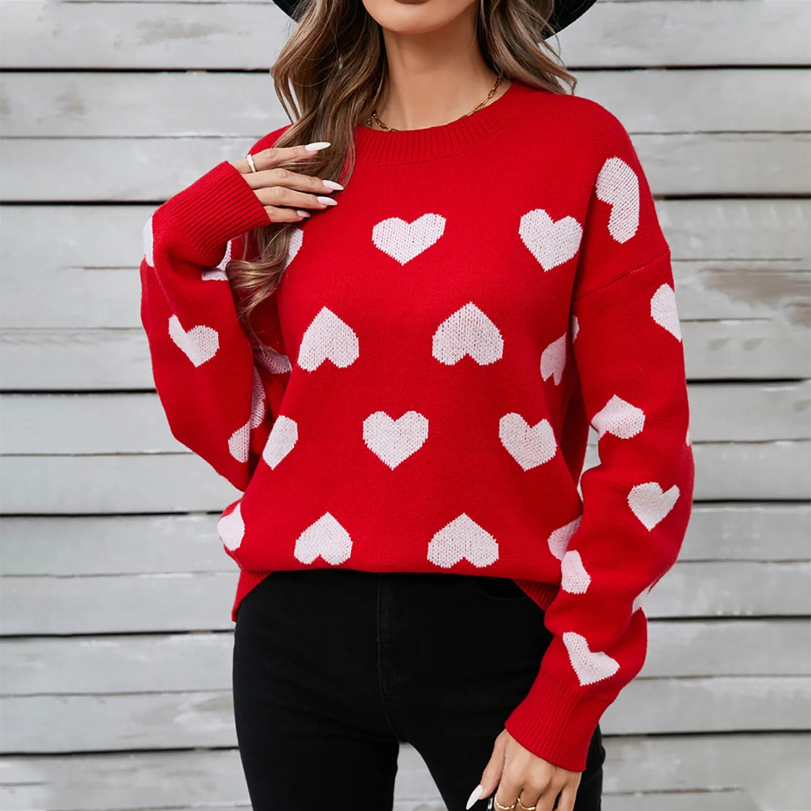 Wancir Women Heart Print Sweater Romantic Oversized Knitted Shirt Valentine's Day Love Graphic Lo... | Walmart (US)