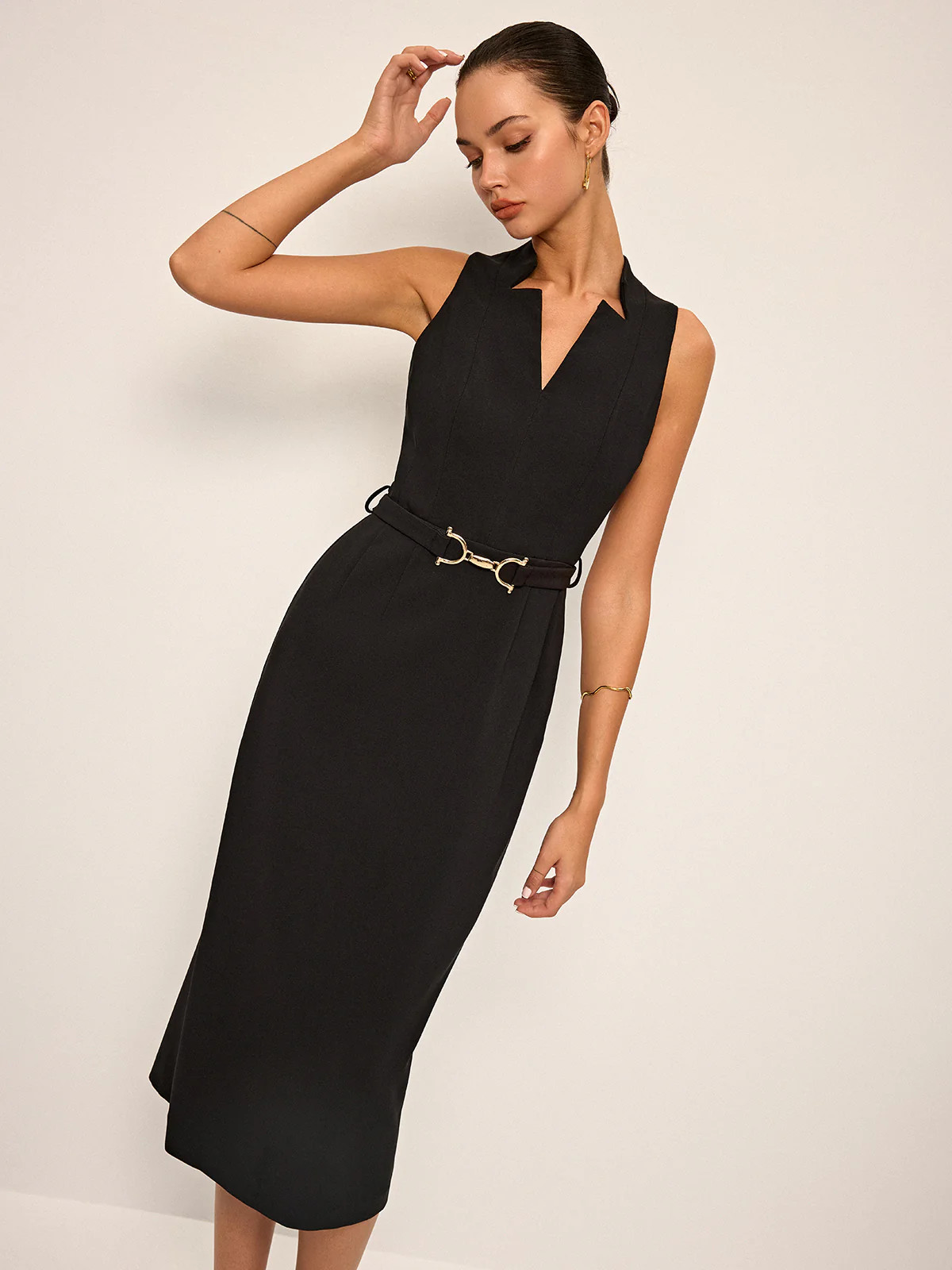 Sleeveless V-Neck Belted Midi Dress | Commense
