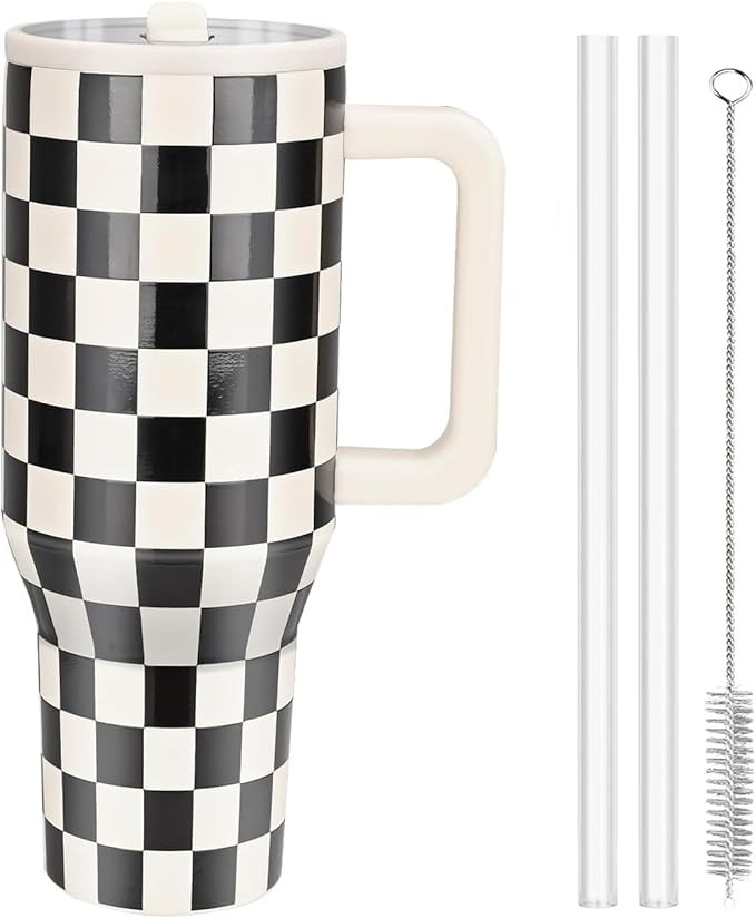 40oz Tumbler with Handle & Flip Straw | 100% Leak Resistant Water Bottle | Black White Check | In... | Amazon (US)