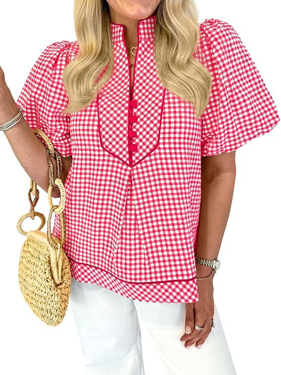 Tankaneo Womens Puff Short Sleeve Blouse Gingham Button V Neck Tops Summer Dressy Casual Loose Fi... | Amazon (US)